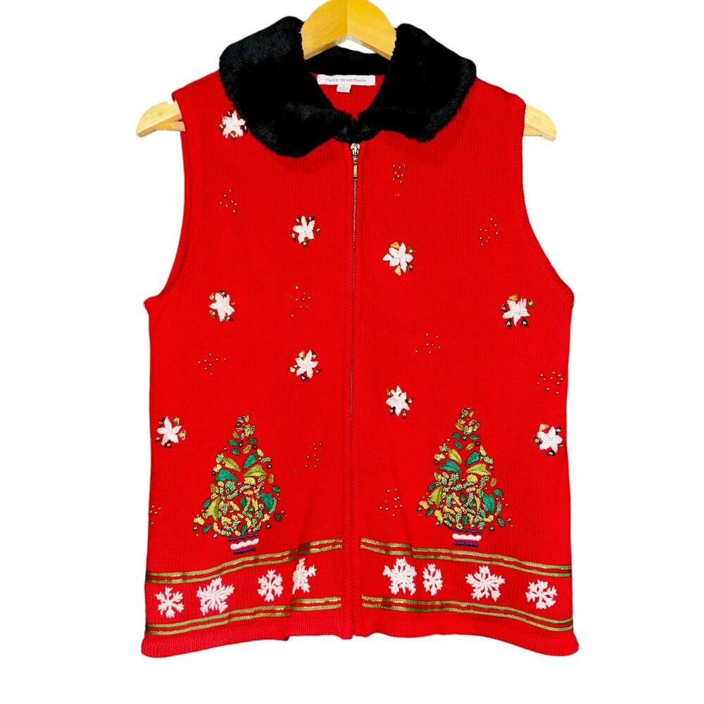 Mercer Street Christmas Sweater Vest Womens L Christmas Tree Snowflakes Beaded